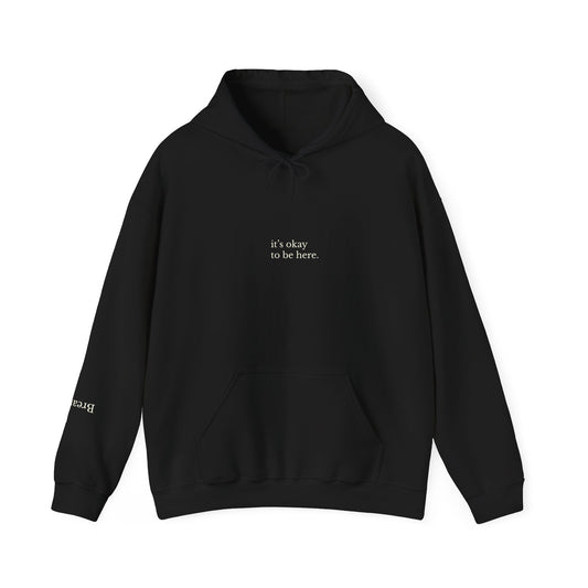 It’s Okay to Be Here Hoodie – Minimalist Mental Health Hoodie, Safe Space Affirmation Sweatshirt, Unisex Comfort Hoodie